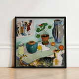 Ghost in the House Stalls - August Macke Art Print / Canvas Framed Reproduction Life Painting Tabby Cat Table Objects Macke’s Whimsical