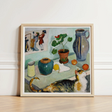 Ghost in the House Stalls - August Macke Art Print / Canvas Framed Painting Cat Foreground Life Objects Pots Fruit Macke’s Whimsical World,