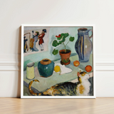 Ghost in the House Stalls - August Macke Art Print / Canvas Framed Painting Cat Table Objects Vases Fruit Potted Macke’s Whimsical World,