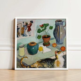 Ghost in the House Stalls - August Macke Art Print / Canvas Framed Painting Cat Table Objects Vases Fruit Potted Macke’s Whimsical World,