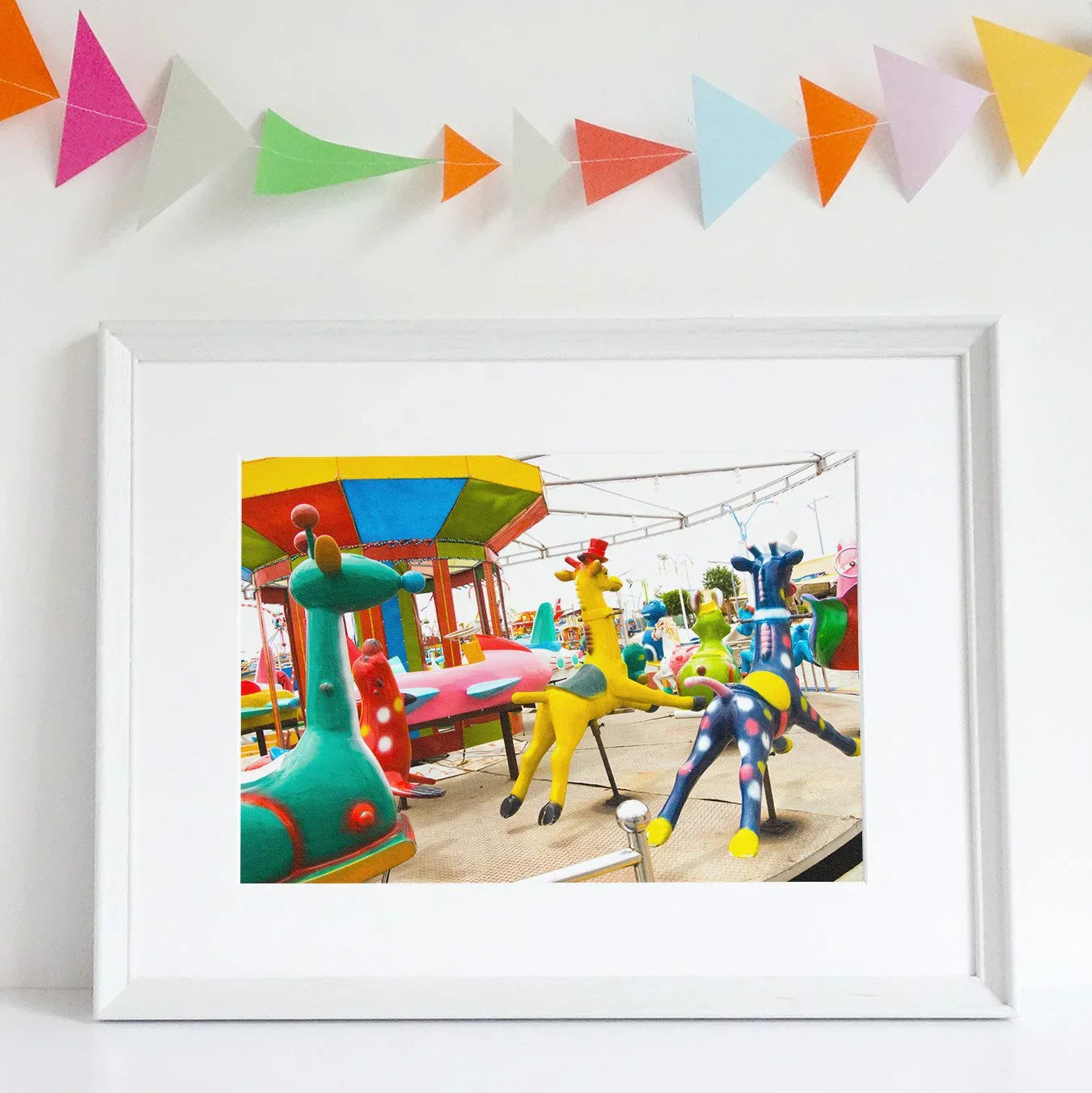 Giddy Up Giclée Print, 16x12’’ / 41x31cm / Unframed Art, Framed Photograph Colorful Animal Shaped Playground Equipment Carnival Rides