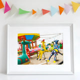 Giddy Up Giclée Print, 16x12’’ / 41x31cm / Unframed Art, Framed Photograph Colorful Animal-shaped Playground Equipment Carnival Rides