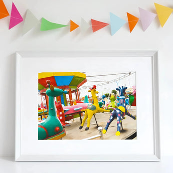 Giddy Up Giclée Print, 16x12’’ / 41x31cm / Unframed Art, Framed Photograph Colorful Animal-shaped Playground Equipment Carnival Rides