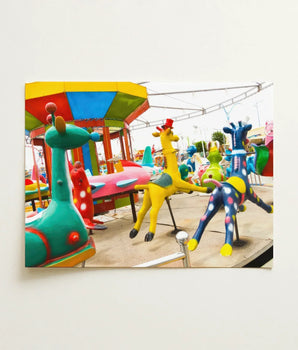 Vibrant Colorful Giraffe-themed Carousel Ride Painted Metal Figures Giclée Print