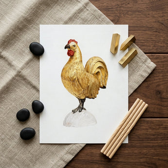 Gilded Rooster - Karl J. Hentz 1930s Decorative Art Print / Canvas Golden Rooster Illustration White Paper Detailed Feather Texture Regal