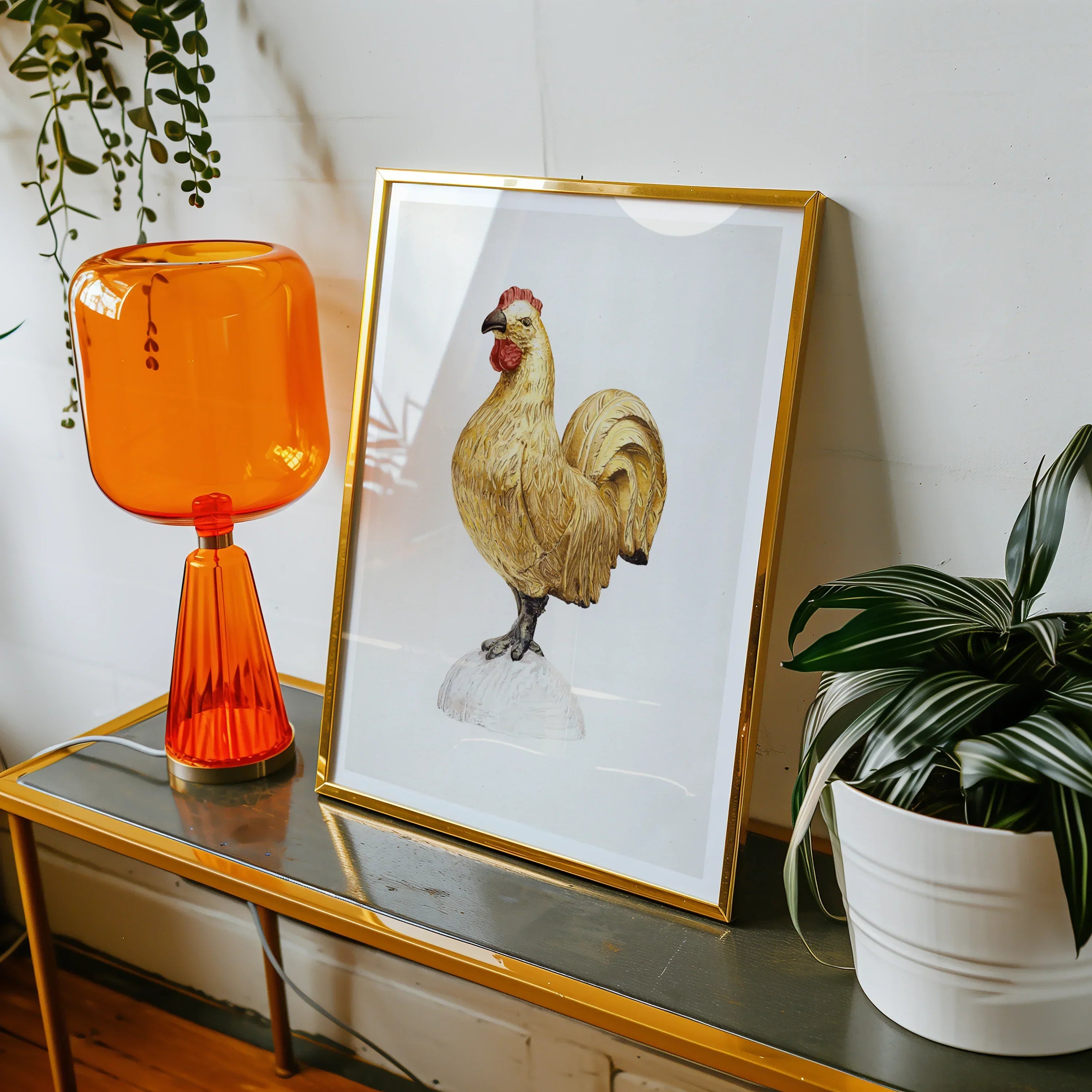 Gilded Rooster Karl J. Hentz 1930s Decorative Art Print, Framed Painting Rooster Golden Yellow Feathers Red Comb