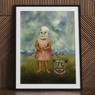 Girl with Death Mask - Frida Kahlo Art Print, 24x32’’ / 61x81cm / Black Frame / 2’’ Matboard, Framed Painting Young Girl Skull Mask Flower