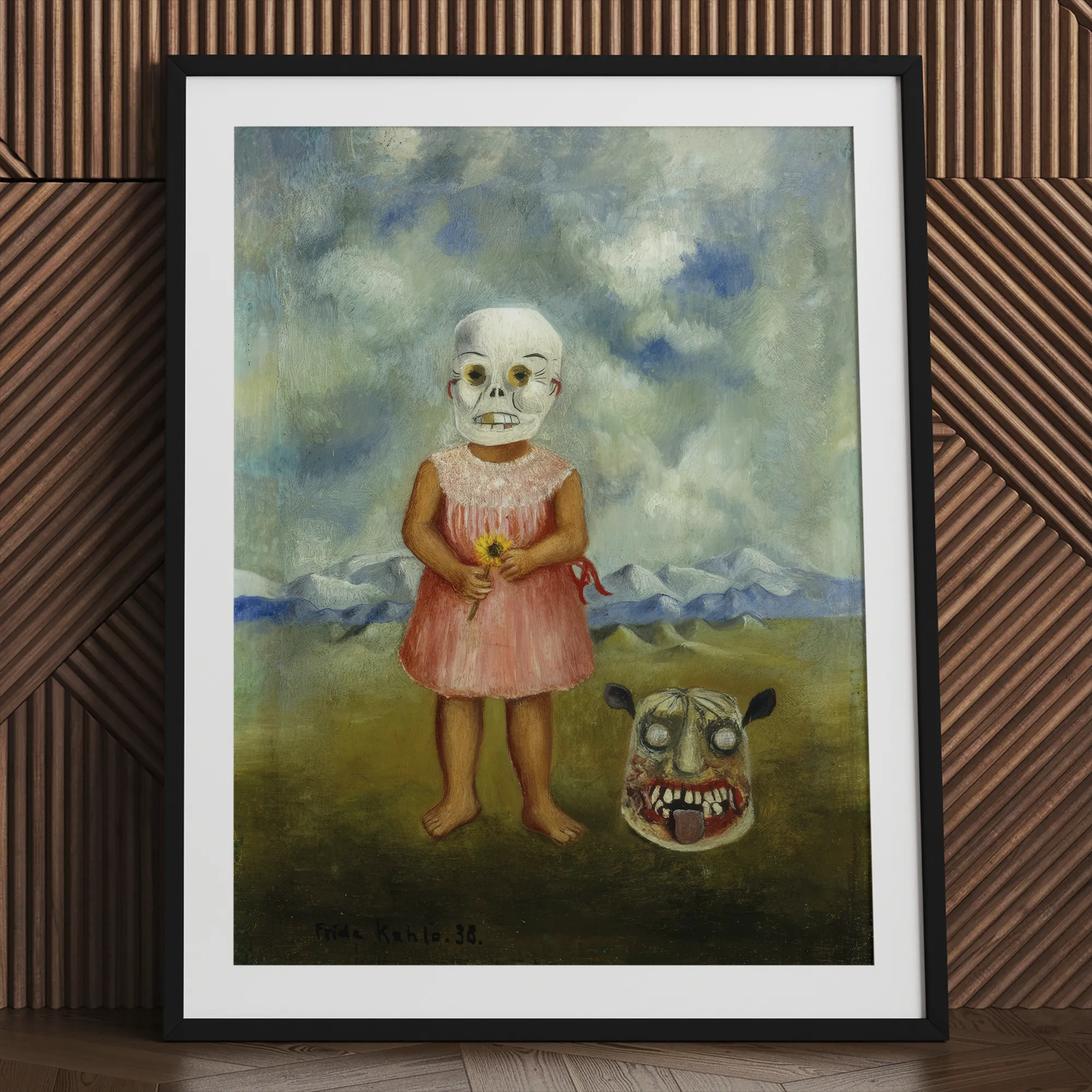 Girl with Death Mask - Frida Kahlo Art Print, 24x32’’ / 61x81cm / Black Frame / 2’’ Matboard, Framed Painting Young Girl Skull Mask Flower