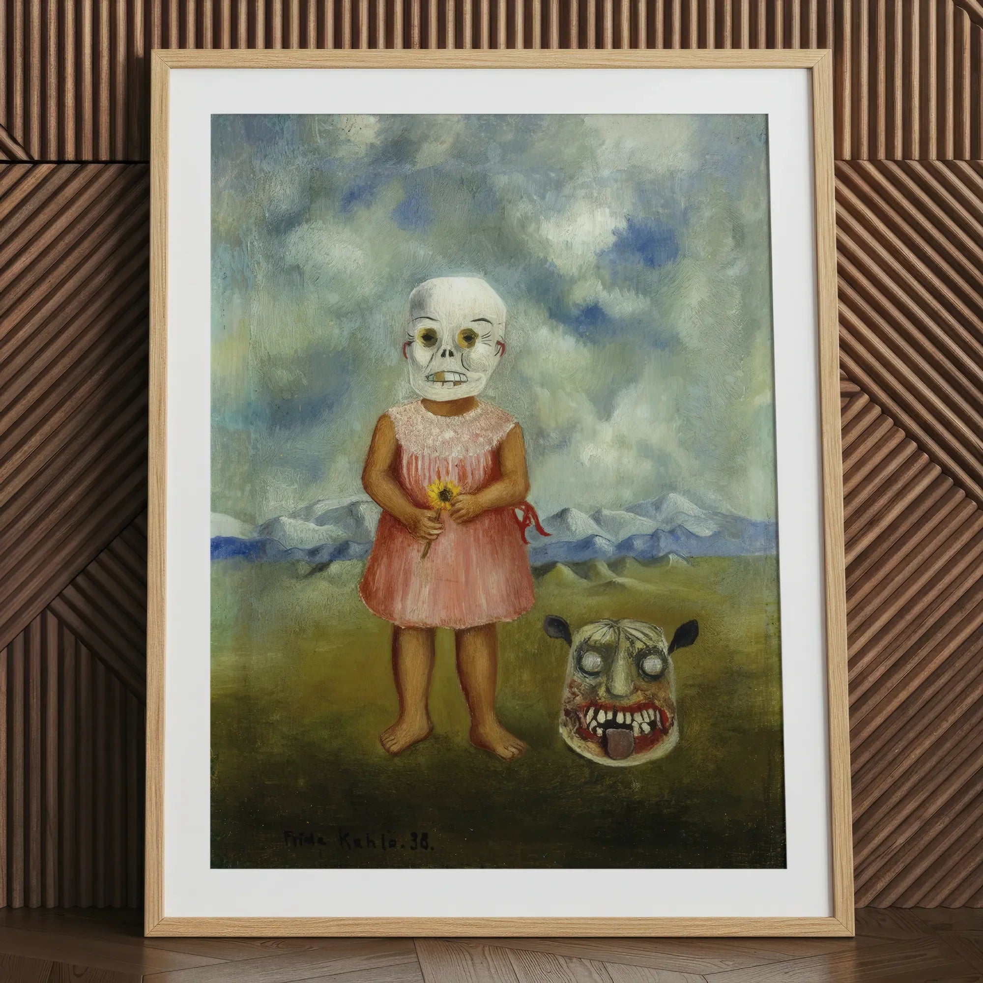 Girl with Death Mask - Frida Kahlo Art Print, 24x32’’ / 61x81cm / Natural Frame / 2’’ Matboard, Framed Painting Child Skull Mask Flower