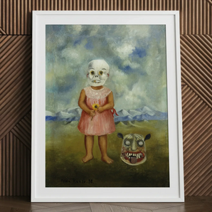 Girl with Death Mask - Frida Kahlo Art Print, 24x32’’ / 61x81cm / White Frame / 2’’ Matboard, Creepy Painting Child Skull Mask Flower