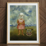 Girl with Death Mask - Frida Kahlo Art Print / Canvas 24x32’’ / 61x81cm / Natural Frame / Matboard Framed Painting Child Skull Mask Flower