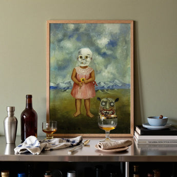 Girl with Death Mask - Frida Kahlo Art Print / Canvas Surreal Painting Light Wood Frame Depicts Child White Frida Kahlo, Death Mask,