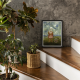 Girl with Death Mask - Frida Kahlo Art Print, Framed Vertical Painting Child White Mask Pink Dress