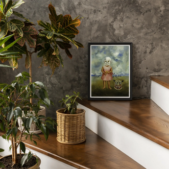 Girl with Death Mask - Frida Kahlo Art Print, Framed Vertical Painting Child White Mask Pink Dress