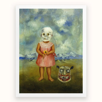 Girl with Death Mask - Frida Kahlo Art Print, Painting Child Skull Mask Sunflower Grotesque Ground