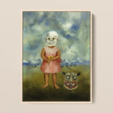 Girl with Death Mask - Frida Kahlo Framed Canvas, 12x16’’ / 31x41cm / Natural Floating Frame, Framed Oil Painting Child Skull Mask Flower