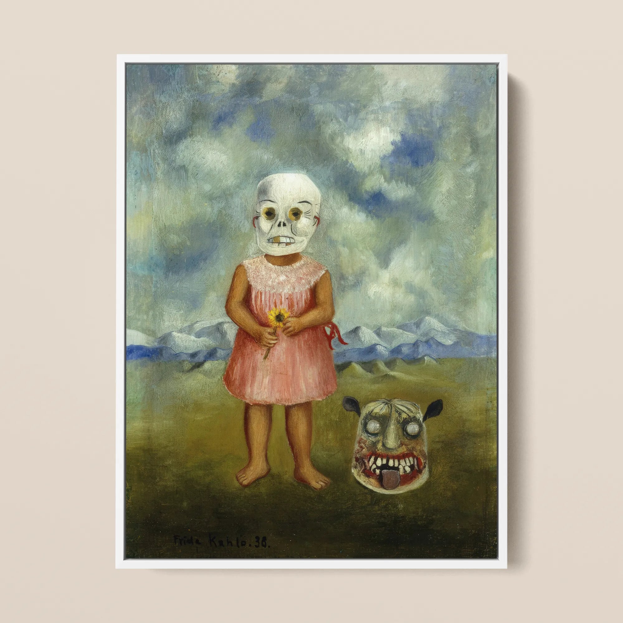 Girl with Death Mask - Frida Kahlo Framed Canvas, 12x16’’ / 31x41cm / White Floating Frame, Framed Painting Child Skull Mask Sunflower