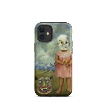 Girl with Death Mask - Frida Kahlo Iphone Case, 12 Mini / Matte, Phone Case Surreal Painting Child Skull Mask Sunflower