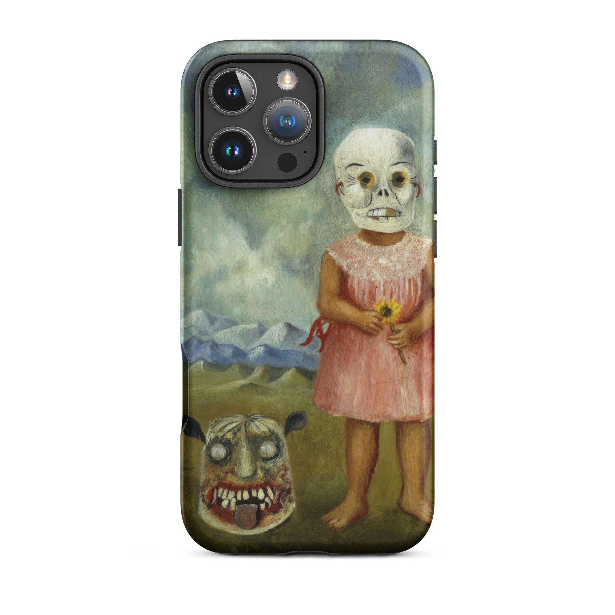 Girl with Death Mask - Frida Kahlo Iphone Case, 16 Pro Max / Matte, Iphone Case Painting Child Skull Mask