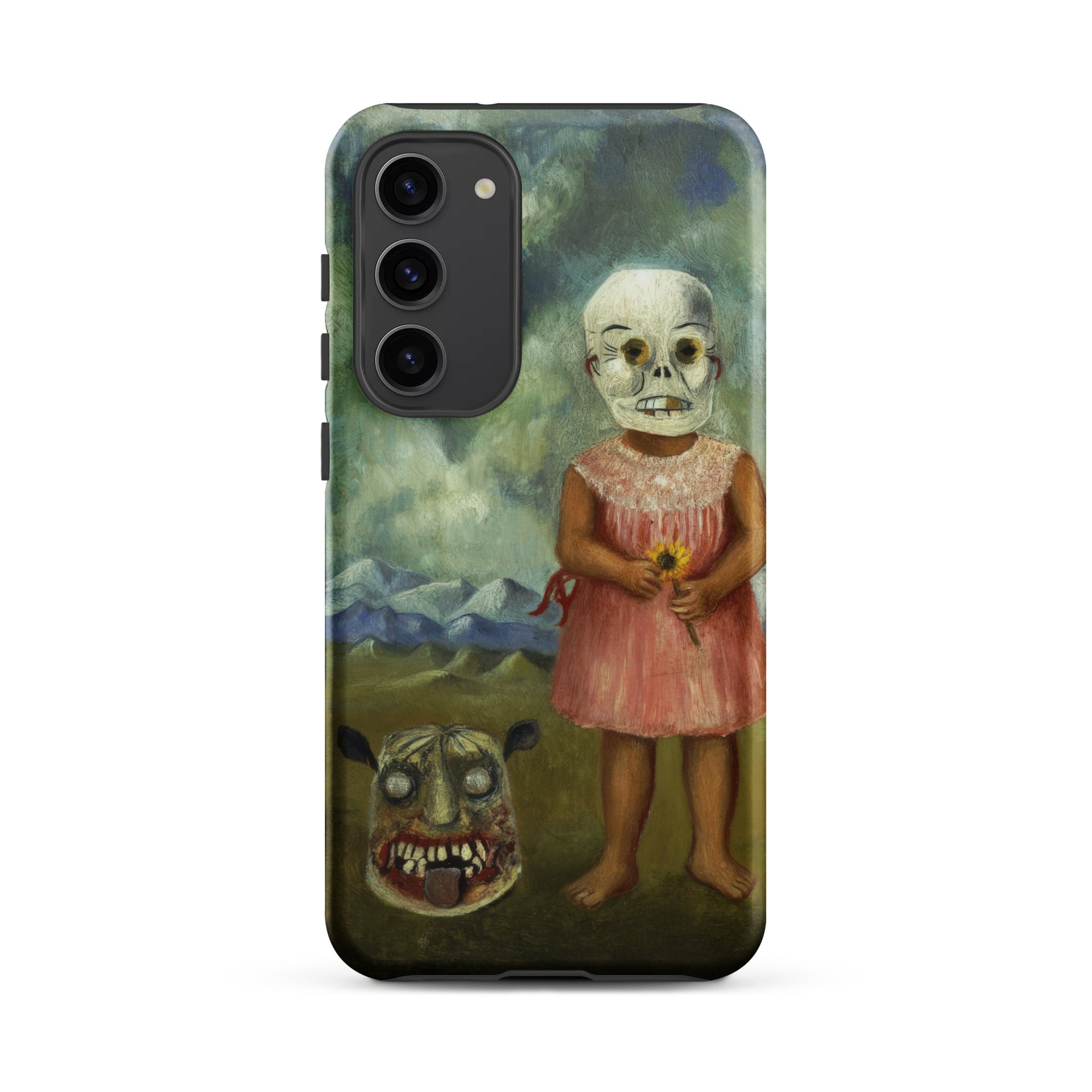 Girl with Death Mask - Frida Kahlo Samsung Case, Galaxy S23 Plus / Matte, Black Smartphone Case Creepy Surreal Painting Child Skull