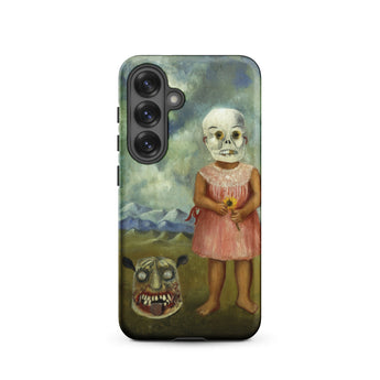 Girl with Death Mask - Frida Kahlo Samsung Case, Galaxy S25 / Matte, Black Smartphone Triple Camera Creepy Surreal Painting Case