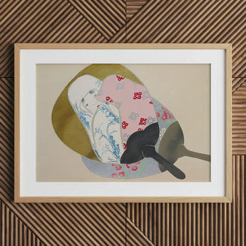 Chica en Abanico - Kamisaka Sekka Meiji Rinpa Impresión de Arte, 30x20’’ / 76x51cm / Marco Natural / Paspartú de 2’’, Pósters Impresiones & Arte Visual, Toby