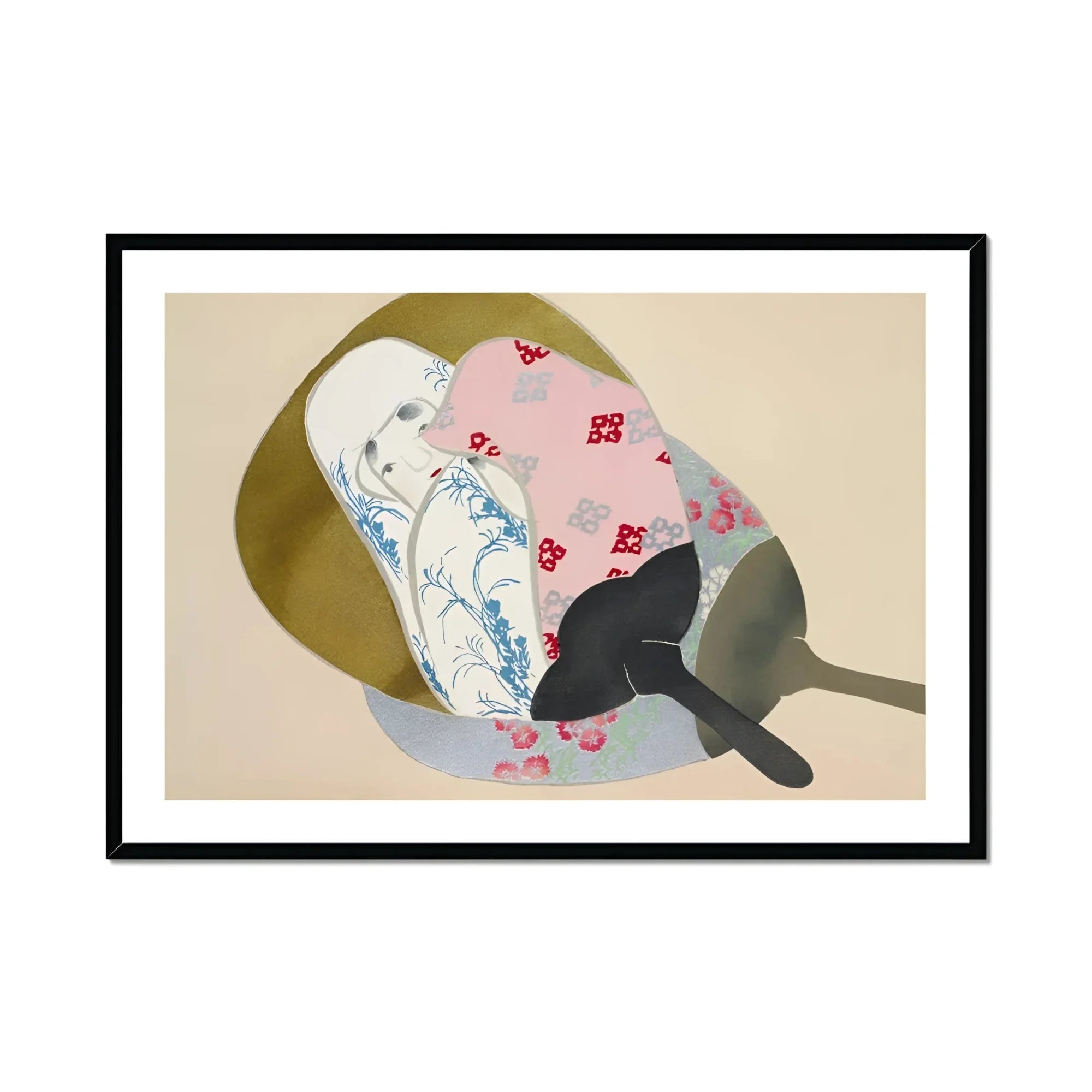 Girl in Fan - Kamisaka Sekka Meiji Rinpa Art Print, Black Cat Curled Decorative Floral Cushions