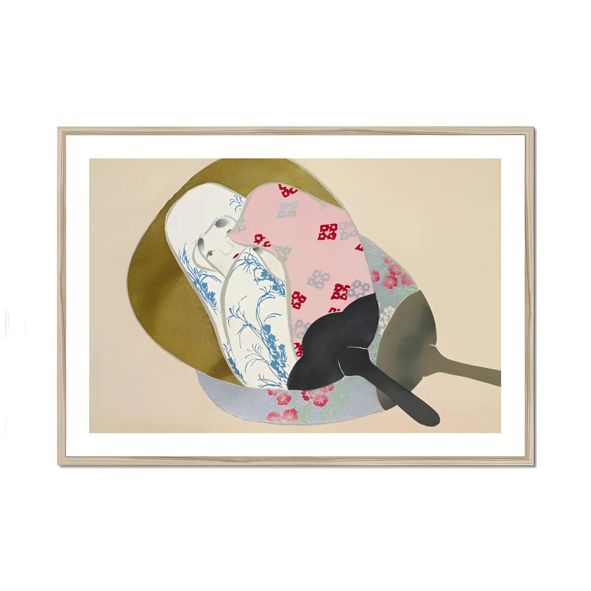 Girl in Fan - Kamisaka Sekka Meiji Rinpa Art Print, Cat Curled Patterned Fabric
