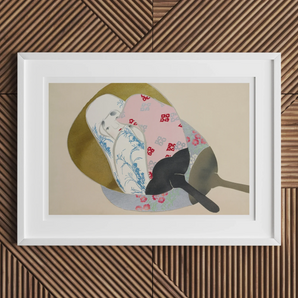 Girl in Fan - Kamisaka Sekka Meiji Rinpa Art Print, Framed Artwork Cat Soft Pastel Colors