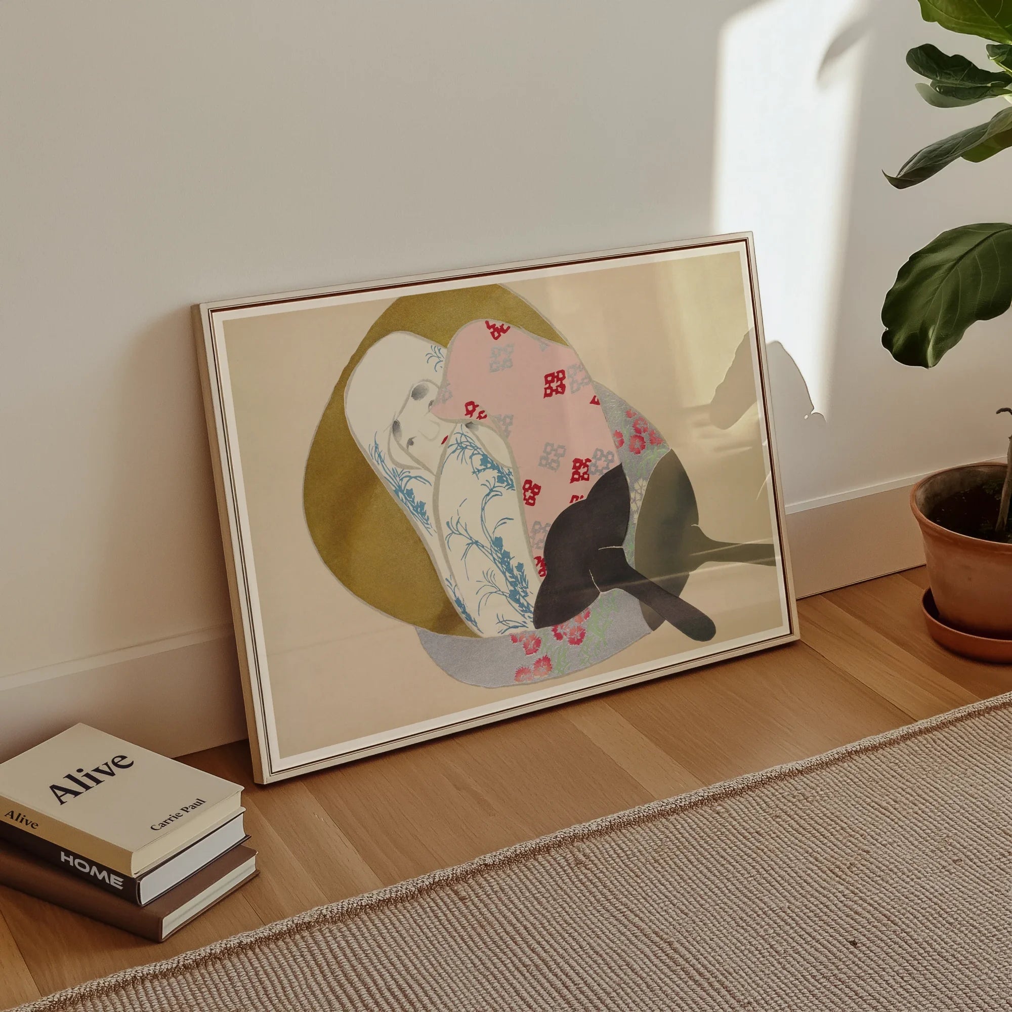 Girl in Fan - Kamisaka Sekka Meiji Rinpa Art Print, Framed Artwork Delicate Floral Patterns Butterfly Muted Colors