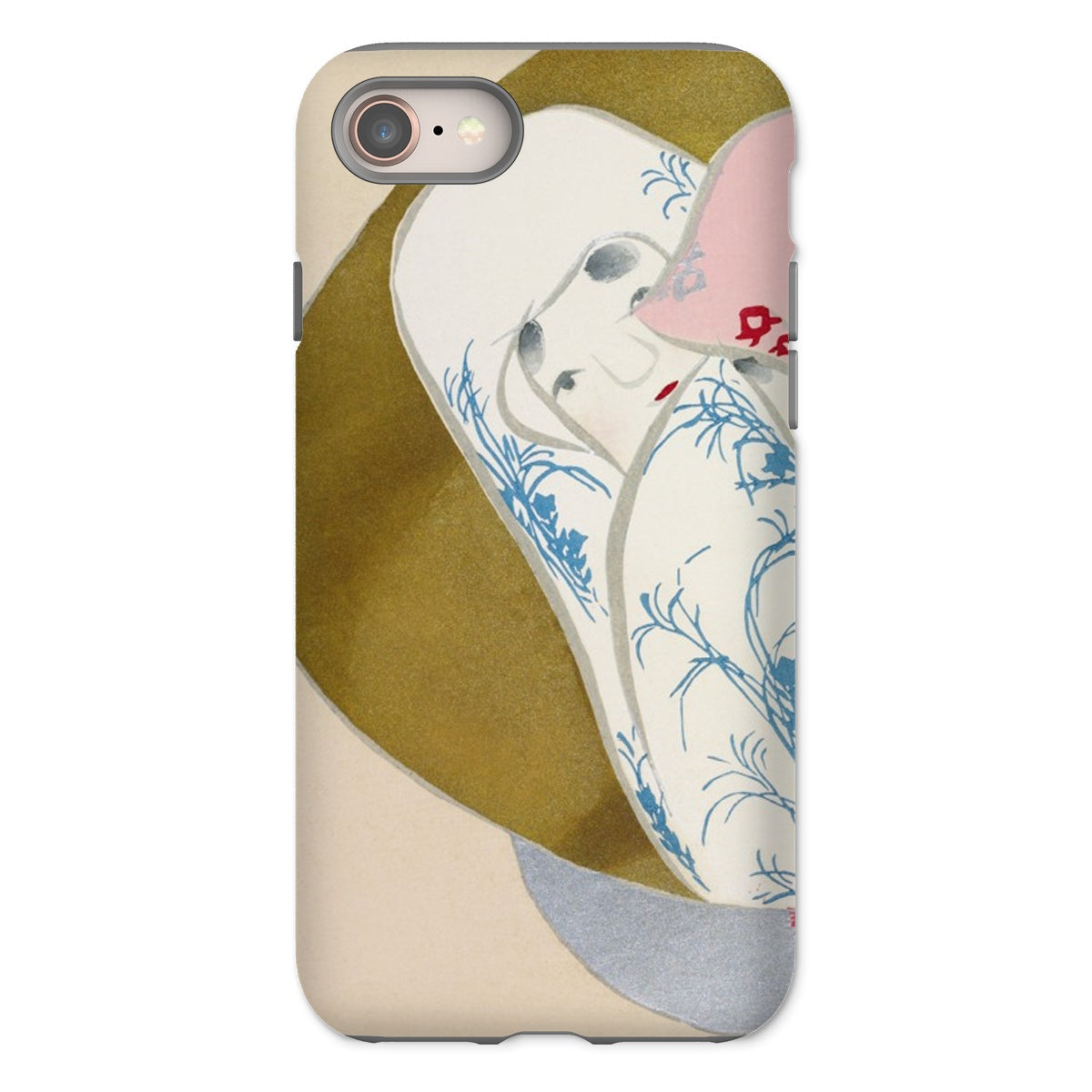 Girl in Fan Kamisaka Sekka Rinpa Art Iphone Case, 8 / Matte, Phone Case Artistic Design Stylized Face Blue Floral