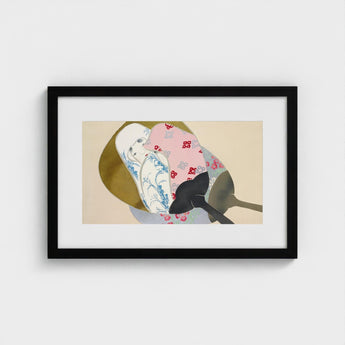 Girl in Fan - Kamisaka Sekka Meiji Rinpa Art Print / Canvas Framed Artwork Stylized Illustration Stacked Porcelain Bowls Spoons,