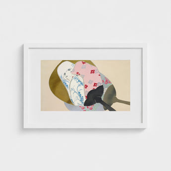 Girl in Fan - Kamisaka Sekka Meiji Rinpa Art Print / Canvas Framed Artwork Stylized Illustration Stacked Porcelain Teacups Saucers,