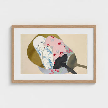 Girl in Fan - Kamisaka Sekka Meiji Rinpa Art Print / Canvas Framed Artwork Stylized Illustration Stacked Patterned Fabric Pieces,