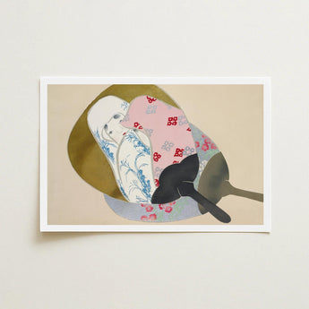 Girl in Fan - Kamisaka Sekka Meiji Rinpa Art Print / Canvas Framed Artwork Stylized Layered Composition Patterned Fabric Abstract,
