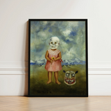 Girl with Death Mask - Frida Kahlo Art Print / Canvas Framed Painting Skeletal Child Pink Dress Yellow Flower, Stormed Porcelain Prints