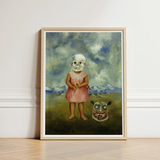 Girl with Death Mask - Frida Kahlo Art Print / Canvas Framed Artwork Skeletal Child Pink Dress Yellow Flower, Stormed Porcelain Prints