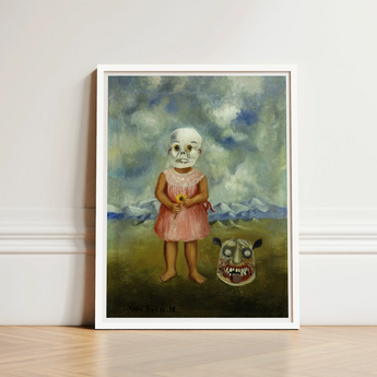 Girl with Death Mask - Frida Kahlo Art Print / Canvas Framed Artwork Skeletal Child Pink Dress Yellow Flower, Stormed Porcelain Prints