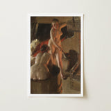 Girls from Dalarna Having a Bath - Anders Zorn Art Print / Canvas, Dim Timber Bathhouse, Summer Evening, Paints, Central Figure Standing,