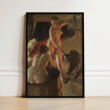 Girls from Dalarna Having a Bath - Anders Zorn Art Print / Canvas Black-framed Oil Painting Nude Woman Warm Earth Tones, Dim Timber