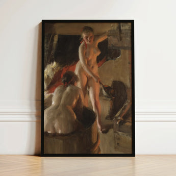 Girls from Dalarna Having a Bath - Anders Zorn Art Print / Canvas Black-framed Oil Painting Nude Woman Warm Earth Tones, Dim Timber