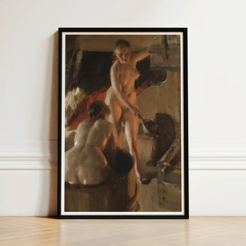 Girls from Dalarna Having a Bath - Anders Zorn Art Print / Canvas Framed Oil Painting Nude Woman Intimate Dimly Lit, Dim Timber Bathhouse,