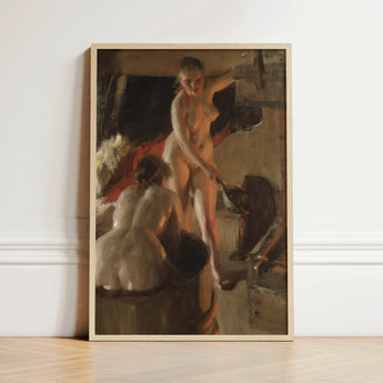Girls from Dalarna Having a Bath - Anders Zorn Art Print / Canvas Framed Oil Painting Nude Woman Interior Rendered Warm, Dim Timber