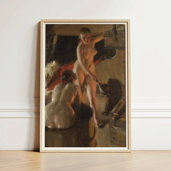 Girls from Dalarna Having a Bath - Anders Zorn Art Print / Canvas Framed Oil Painting Nude Woman Indoor Rendered Warm, Dim Timber