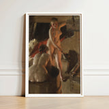Girls from Dalarna Having a Bath - Anders Zorn Art Print / Canvas White-framed Oil Painting Nude Woman Warm Earth Tones, Dim Timber