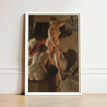 Girls from Dalarna Having a Bath - Anders Zorn Art Print / Canvas White-framed Oil Painting Nude Woman Warm Earth Tones, Dim Timber