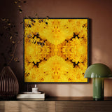 Gold Rush - Chrysanthemum Op Art Framed Canvas, Framed Abstract Artwork Symmetrical Yellow Floral Pattern