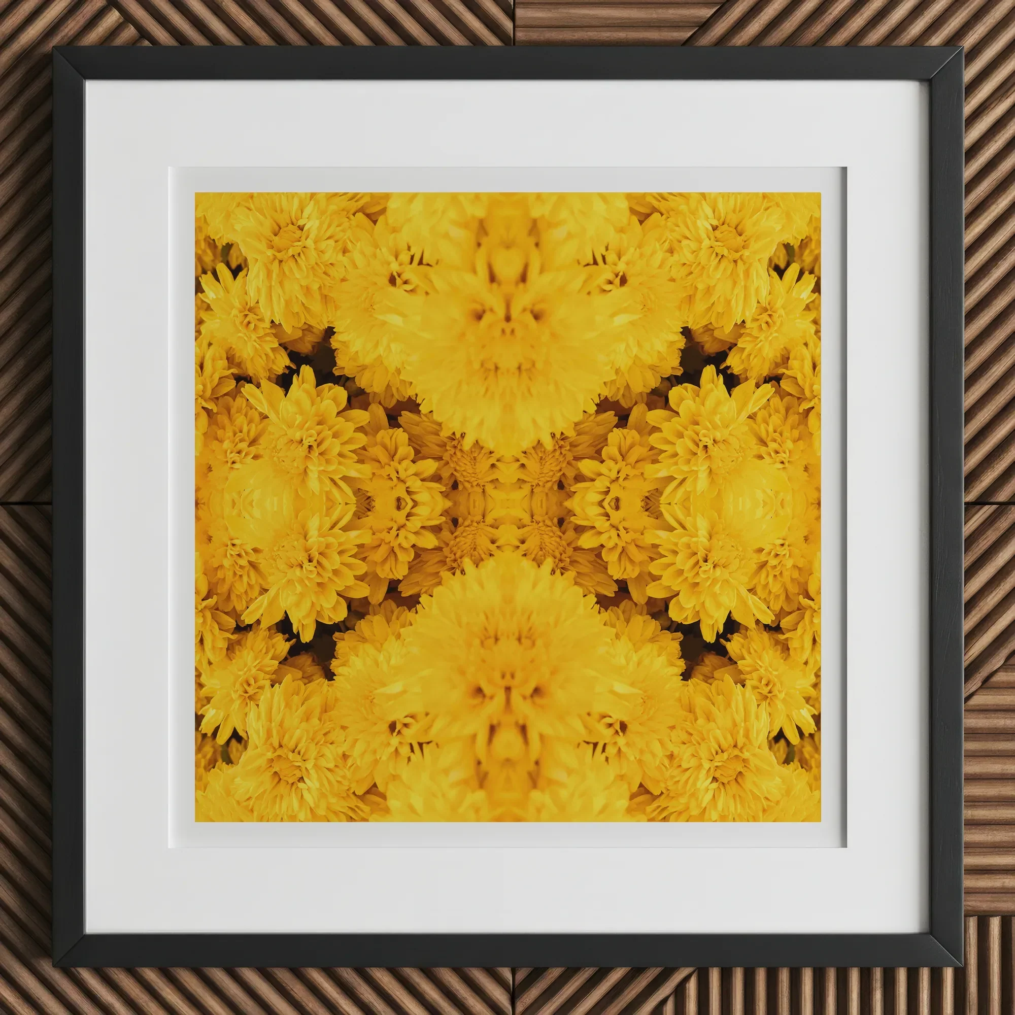 Gold Rush - Chrysanthemum Op Art Print, 12x12’’ / 31x31cm / Black Frame / 2’’ Matboard, Framed Print Symmetrical Kaleidoscope Pattern