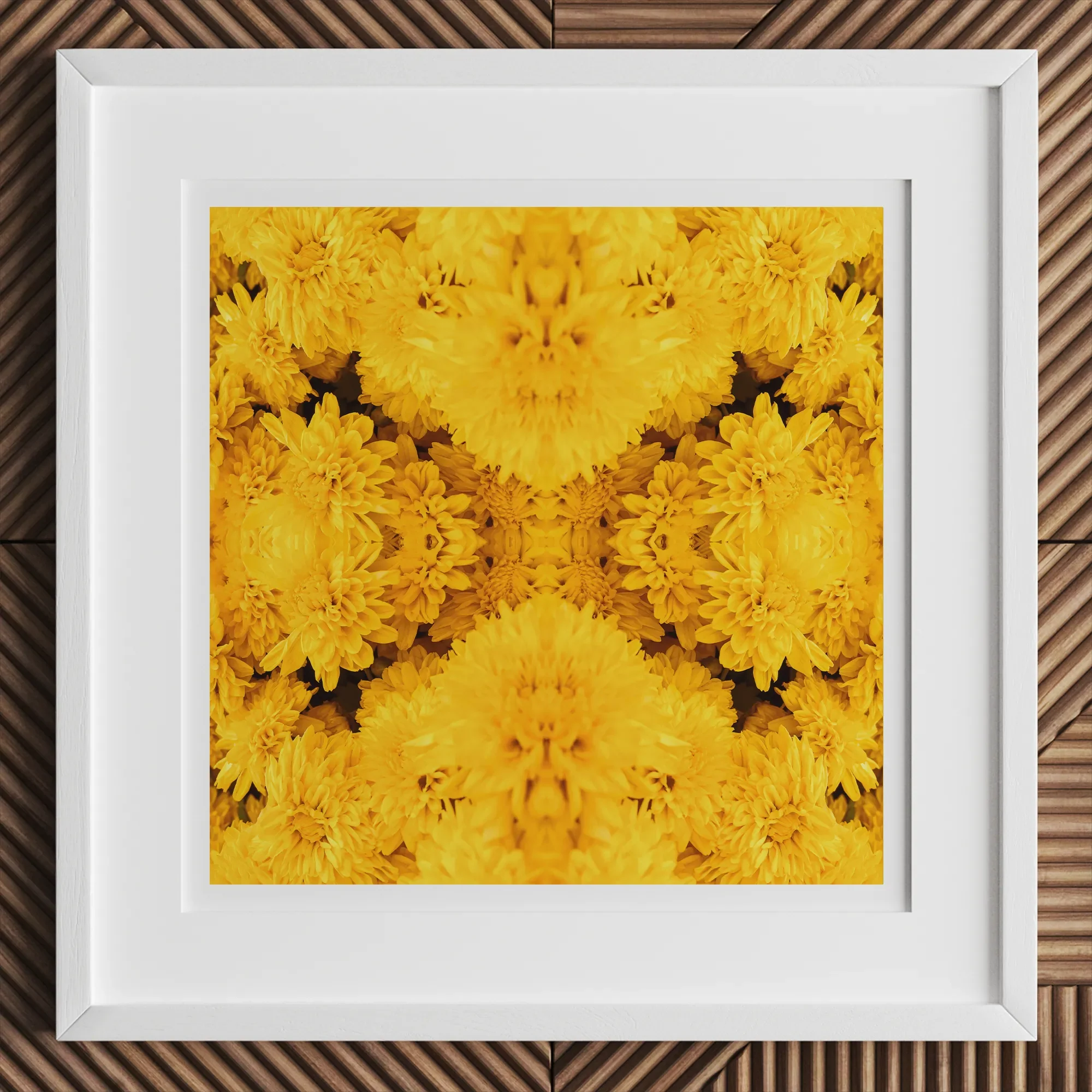 Gold Rush - Chrysanthemum Op Art Print, 12x12’’ / 31x31cm / White Frame, Framed Square Artwork Symmetrical Pattern Vibrant Yellow