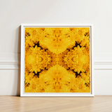 Vibrant Yellow Floral Artwork Sleek White Frame Symmetrical Behold Gold Rush, Entrancing Symphony, Trippy Chrysanthemum Art